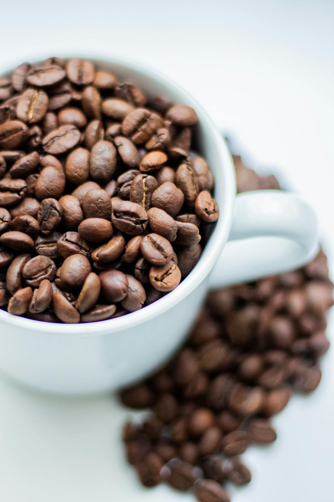 Detailed view of aromatic coffee beans spilling from a white cup on a white surface.